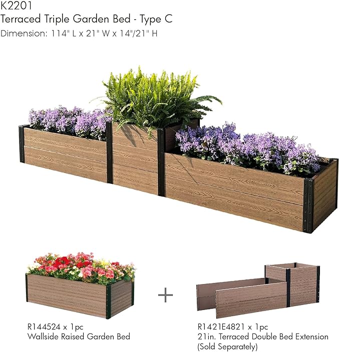 Everbloom Modular Wallside Wood Plastic Composite Raised Garden Bed with Open Bottom 45” L x 24” W x 14” H-Revitalize Your Green Space with The Ultimate Yard Planters for Veggies, Flowers&Herbs