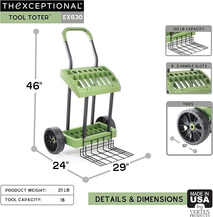 Rolling Tool Toter with Leaf Toter and Load Toter Lift Plate | Lawn Care Cart with Leaf Collection Bag | Mobile Yard Raking Project Organizer Caddy | Made in USA by Vertex | Model EX640