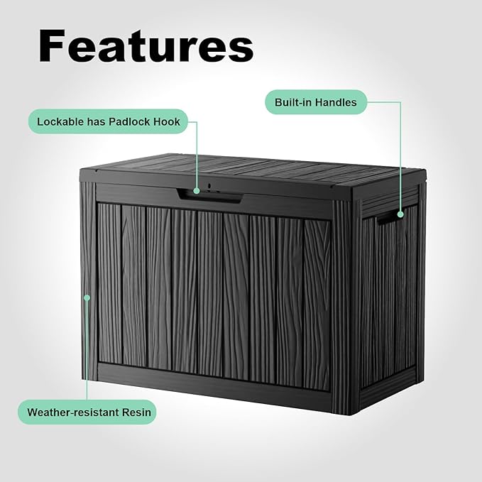 45 Gallon Resin Deck Box, Lockable Outdoor Storage Box for Patio Cushions Storage Furniture,Garden Tools, Pool Supplies, Weatherproof and UV Resistant (Black)