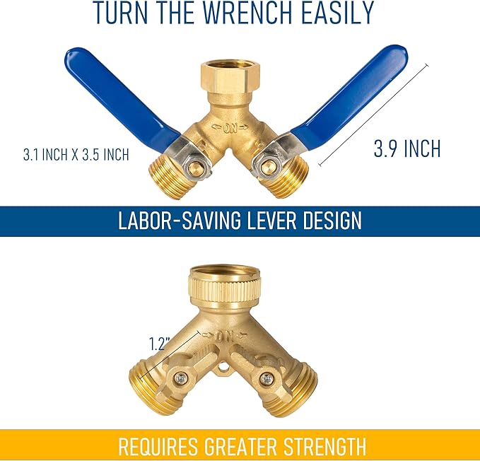 Hourleey Brass Garden Hose Splitter, Y Valve Splitter with Stainless Steel Long Handle, Heavy Duty 2 Way 3/4" GHT Thread Water Garden Hose Adapter
