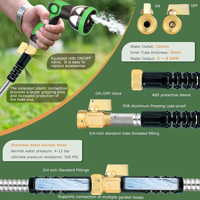 Stainless Steel Garden Hose 25 ft - Heavy Duty Durable Metal Water Hose, Kink Resistant, Lightweight, Flexible, Rust Proof, UV Resistant - Ideal for Yard, Lawn, Plant Watering & Car Washing