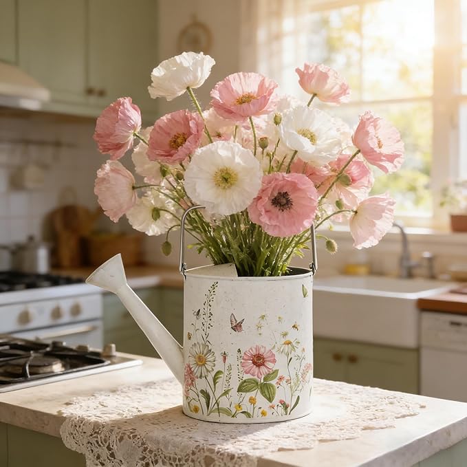 Vintage White Metal Watering Can Decorative Garden Watering Pot with Floral & Butterfly Prints Rustic Shabby Chic Design for Indoor Plants, Outdoor Gardening, Home Decor