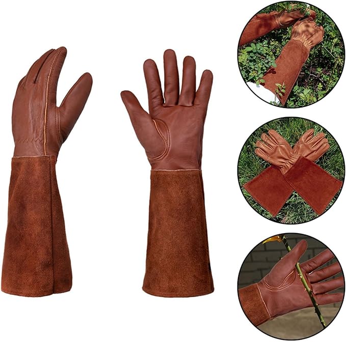 Thorn-Proof Leather Garden Gloves Long Forearm Split Cowhide Goatskin Padded Palm For Men And Women Pruning Roses Yard Work(M)