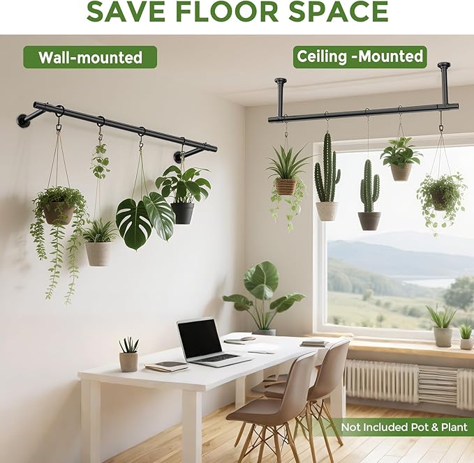 Window Plant Hanger Indoor, 48 Inch Heavy Duty Plant Hanging Rod, 1 Inch Metal Hanging Plant Holder for Window Wall, Matte Black Round Flange Base, Pot Not Included