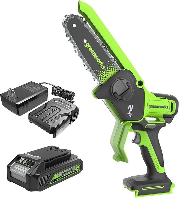 Greenworks 24V 6in BL Pruning Saw w/Auto Oiler, (1) 2.0Ah Battery & 2A Adapter Charger for Tree Trimming and Pruning