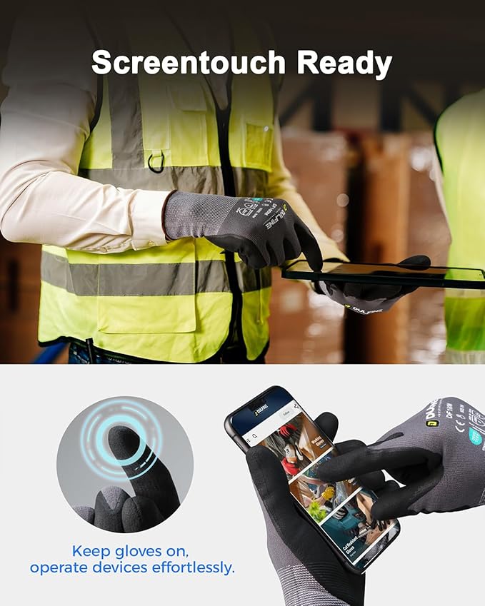Safety Work Gloves MicroFoam Nitrile Coated-12 Pairs Pack,Blue Seamless Knit Nylon Glove with Black Micro-Foam Nitrile Grip,Ideal for General Purpose,Automotive,Home Improvement,Painting(Large)