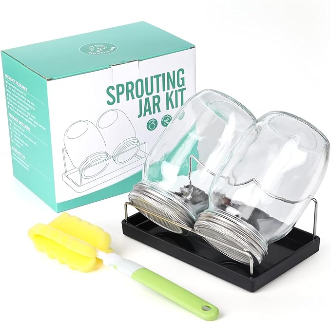 Seed Sprouting Jar Kit | 2 Wide Mouth Mason Jars & Stainless Steel Screen Lids,Tray,Stand and Canning Brush | Sprouter Set to Grow Broccoli, Alfalfa,Organic Microgreens Sprouts & Mung Bean (Black)