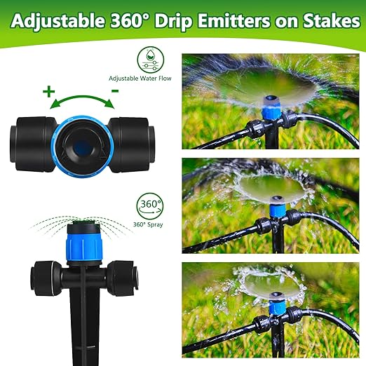 Push-to-Fit Drip Irrigation Vortex Emitters for 1/4" Drip Irrigation Tubing, 20 Pcs Adjustable 360 Degree Water Flow Fan Shape Drippers with Stake in-Line Drip System Emitter