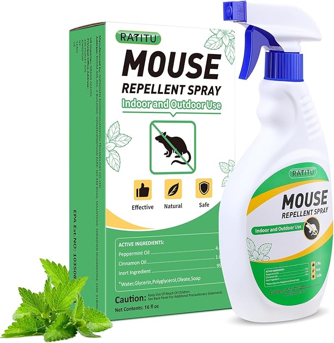 Natural Peppermint Oil Spray for Rodents 16 Oz, Mice Repellent Indoor/Outdoor, Squirrel Repellent Spray Mouse Rats Prevention On Home Yard Garage Warehouse Cars