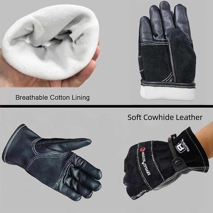 Leather Work Gloves for Women with Cotton Lining, Thorn Proof Cactus Gardening Yard Work Gloves for Rose Pruning, TIG/MIG Welding, Construction, Heat-Resistant for Cooking, BBQ (Black, Small)