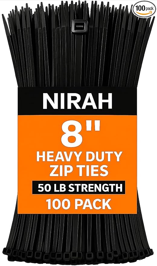 8 inch Zip Ties Black Heavy Duty, UV resistant, Self-locking, Multi-purpose Nylon Cable Ties, Wire Ties for Professionals, Office, Home, Garden, and Cable Management by Nirah