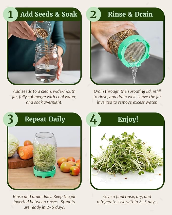 Elementi Sprouting Lids for Mason Jars (Set of 2), Wide Mouth Mason Jar Strainer Screen Lids for Sprouting Kit, 316 Stainless Steel Mesh (Grey)