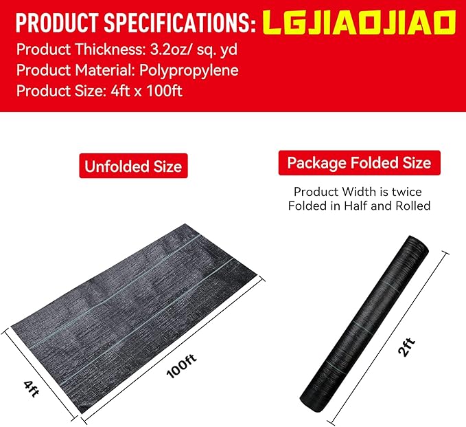 4ftx100ft Weed Barrier Landscape Fabric Heavy Duty，Weed Block Gardening Ground Cover Mat, Weed Control Garden Cloth ，Woven Geotextile Fabric for Underlayment，Commercial Driveway Fabric