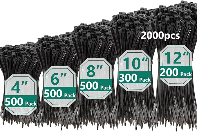 2000 PCS Zip Ties Assorted Sizes 4+6+8+10+12 Inch Self-locking Nylon Cable ties Outdoor, UV Resistant Wire Straps for Home Office Garden Workshop Indoor Outdoor Fence(Black)