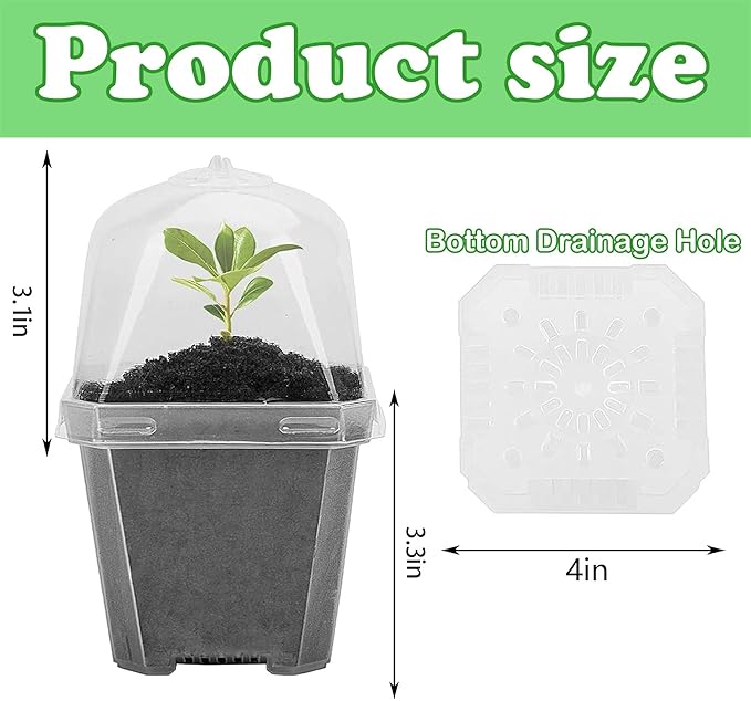 EBaokuup 10Pcs 4" Clear Plant Nursery Pots with Humidity Dome, Plastic Gardening Pot Plant Container, Seed Starting Pot with Drain Holes for Seedlings Vegetables Succulents Cuttings