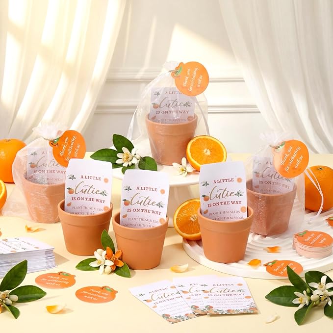 Ctosree 50 Sets Cutie Baby Shower Party Favors for Guests A Little Cutie Is on The Way Seed Packets Include Self Adhesive Seed Packets Flowerpot Thank You Tags Organza Bags for Orange Baby Shower