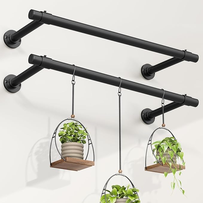 2 Pack Window Plant Hanger Indoor, 32 Inch Heavy Duty Plant Hanging Rod, 1 Inch Metal Hanging Plant Holder for Window Wall, Matte Black Round Flange Base, Pot Not Included