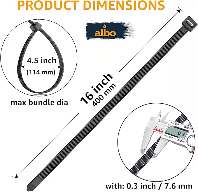 ALBO Black Zip Ties Heavy Duty 16 Inch Long 120lb - 100 Pack Plastic Cable Ties 0.3 Inch Thick UV Resistant Tie Wraps for Indoor and Outdoor Use