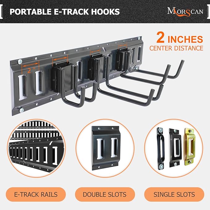 4-Pack E-Track Double Fitting J-Hooks, 4" Wide & 5.5" Deep Stable E Track Double J Hooks with Dual Fittings, Heavy Duty Shovel Hanger for Trailers, Trucks, Garden Tools Organizers Storage