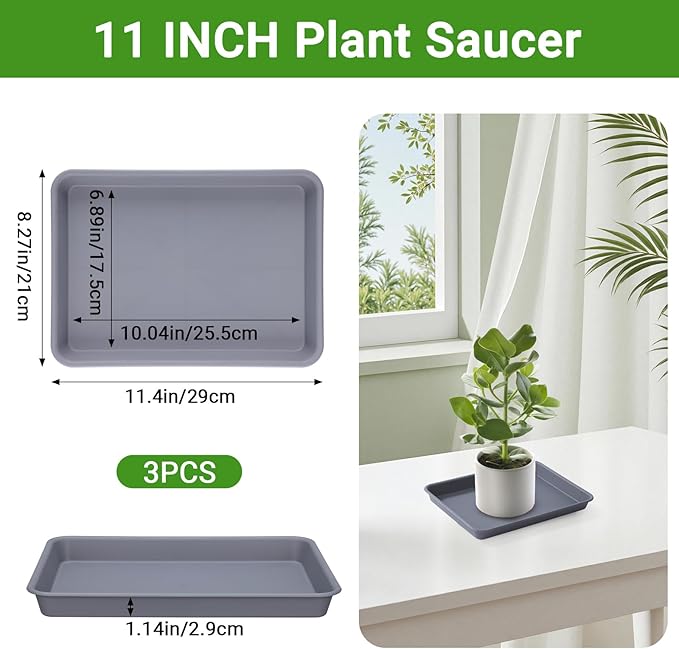 GREANER Grey Plastic Trays 11 Inch, UV Resistant Plant Pot Saucers for Indoor & Outdoor Use, Drip Trays for Potted Plants(Pack of 3)