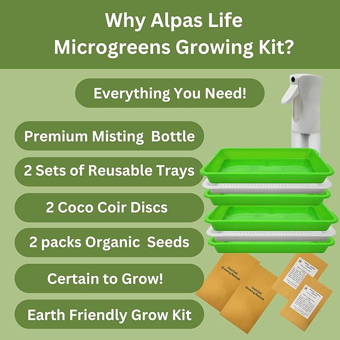 Complete Home Microgreens Kit - Organic Indoor Garden System - Includes 2 Sets of Reusable Trays, Premium Spray Mister, Coco Coir Growing Medium, 2 Packs Organic Seeds – Radish and Broccoli