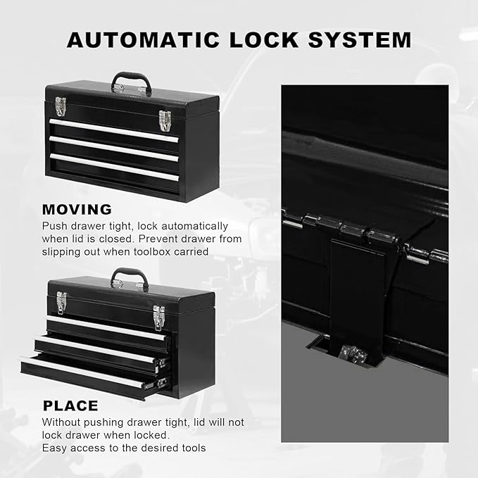 3 Drawer 20“ Metal Tool Box Portable Steel Tool Chest with Metal Latch Closure for Garage, Home and Workbench,Black