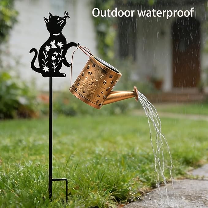 Solar Watering Can with Lights, Featuring Metal Cat Silhouette Garden Ornament Festive Gift for Women, Waterproof Outdoor Decor for Backyard Paths and Lawn(1 Pc Cat Watering Can Light)