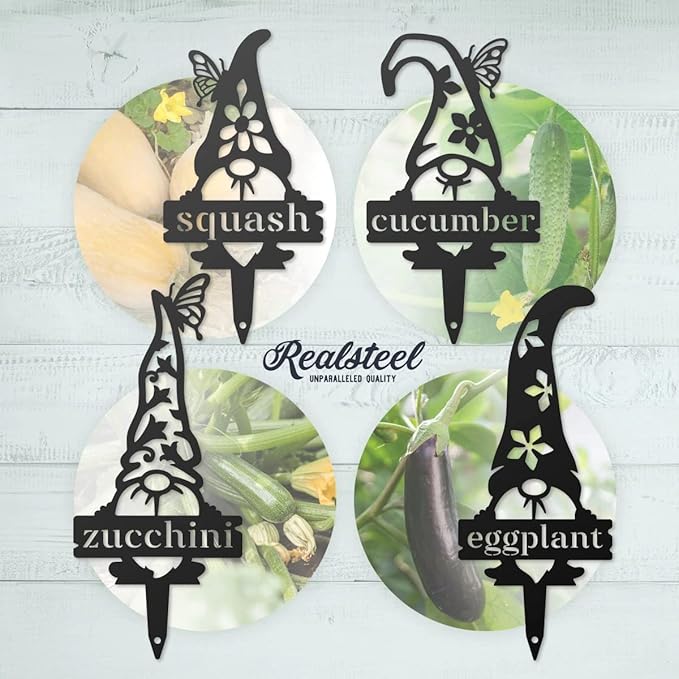 RealSteel Gnome Plant Markers Metal Garden Stakes | Outdoor Garden Labels & Plant Tags for Vegetables & Herbs | Decorative Yard & Raised Bed Garden Signs | Gardening Gift | Made in USA - (Zucchini)