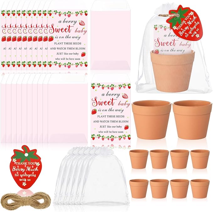 Ctosree 50 Sets Strawberry Baby Shower Favors for Guests a Berry Sweet Baby Is on the Way Seed Packets Include Self-adhesive Seed Packets Flowerpot Thank You Tags Organza Bags for Gender Reveal Party