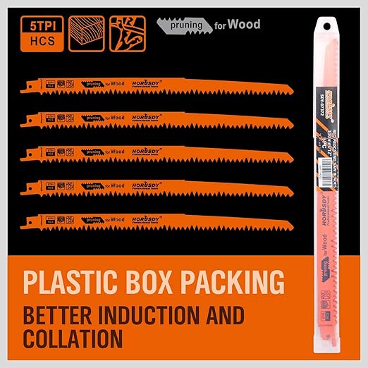 5-Pack 12-Inch Wood Pruning Reciprocating Saw Blades, 5TPI HCS Carbon Steel Sawzall Blades for Fast Cutting Green Wood, Branches & Plastic - Includes Storage Case