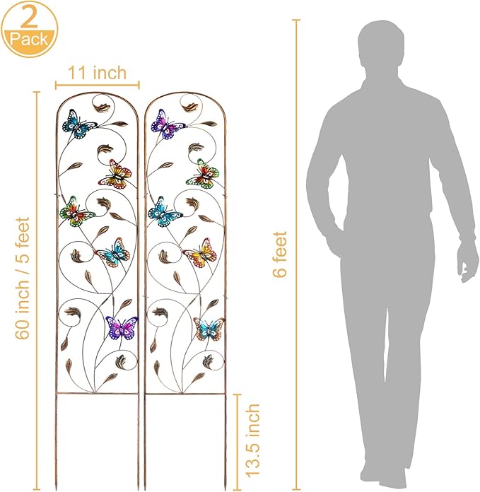 2 Pack Metal Garden Trellis with Colorful Butterfly 60 Inch High Outdoor Decoration Arched Fence Trellis for Climbing Plants for Patio, Lawn, Yard, Backyard, Wall Brackets