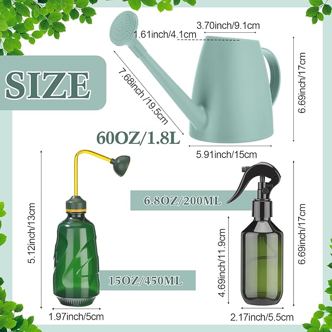 Reallnaive 6 Pcs Indoor Watering Can Set 1/2 Gallon Can 6.8 oz Spray Bottle 17 oz Squeeze Bottle Plant Watering Globes Soil Moisture Meter Small Spraying Sets for Indoor Outdoor(Mint Green)