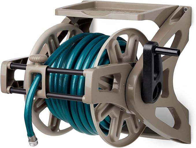 Suncast Hose Handler Wall-Mounted Reel for Outdoor Garden Storage, Light Taupe - Holds 175 ft of Standard 5/8" Vinyl Hoses, Resin Organizer with Slide Trak Guide and Accessory Tray.