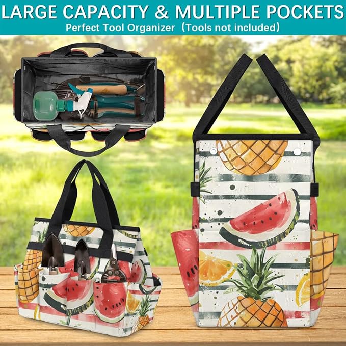 Garden Tool Bag Organizer Garden Tote Bag with Pockets Striped Watermelon Pineapple Tool Storage Organizer Gardening Tool Kit Holder 13" x 6.8" x 2.8"