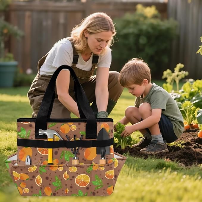 Brown Lemon Garden Tool Bag Portable Gardening Tool Organizer Bag with 10 Pockets and Handle Tool Carrier and Storage for Garden Lawn Yard Casual Camp