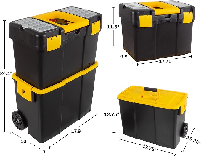 Portable Tool Box with Wheels - Stackable 2-in-1 Tool Chest with Fold-Down Comfort Handles, Tough Latches, and Removable Storage Trays by Stalwart