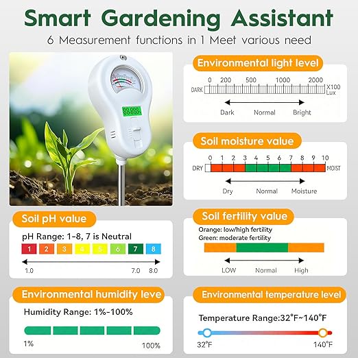 6-in-one Soil Test Kit-Soil Moisture Meter/PH Meter/Fertility/Sunlight Intensity Soil Tester, LCD Air Hygrometer&Temperature Moisture Meter for Plants-Garden, Lawn,Farm,1 Pack Detachable Probe