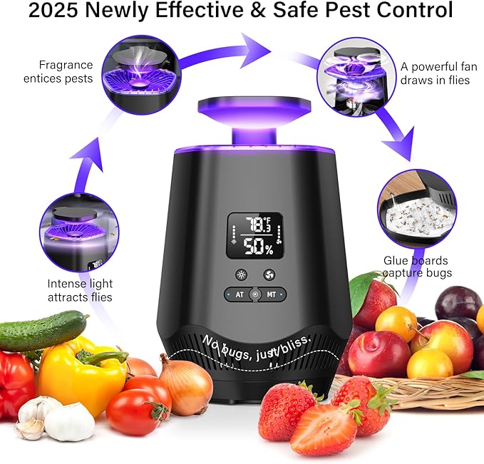 Fruit Fly Traps for Indoors, Smart Fly Trap Indoor Bug Zapper Gnat Traps for House Indoor with Temperature and Humidity Sensor, 10PCS Sticky Boards Black 02