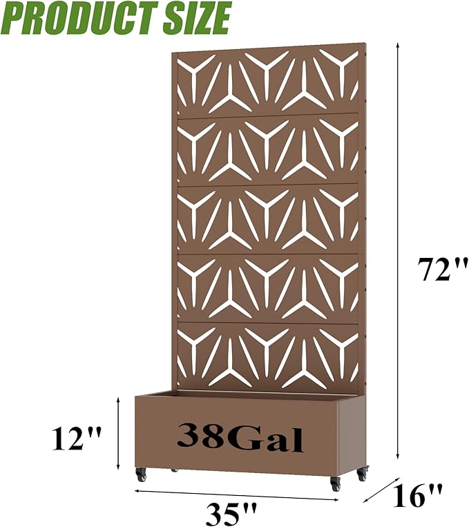 Casaphoria Metal Raised Garden Bed with Trellis and Wheels, 72"x35"x16" Planter Box for Climbing Plants, Vegetables & Vines, Features Drainage Holes and Privacy Screen, Brown-Star