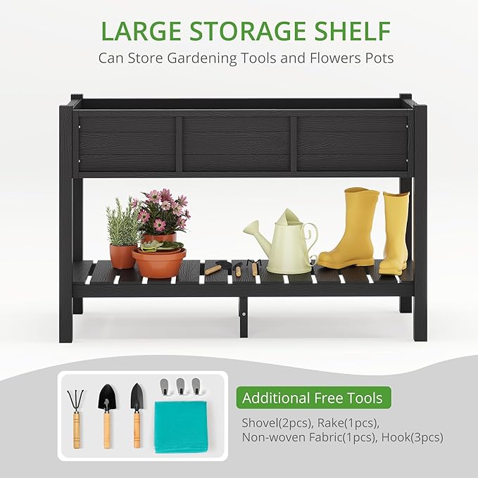 LUE BONA Raised Garden Bed with Tools, 45*18*29 in, Poly Elevated Planter Box with Legs And Storage Shelf, Weather Resistant, 3-Year Warranty, Standing Growing Bed Herb Planter for Vegetable, Black