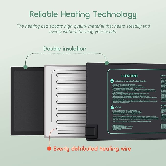 LUXBIRD Plant Heating Mat with Thermostat, Timing Function, Indoor Greenhouse Heat Mat, Heating Mat, 10"x20.75", 30 Watt (1 Pack)