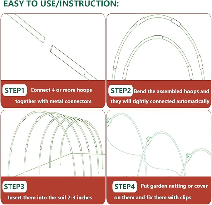 Garden Hoops for Raised Beds, 36pcs Greenhouse Hoops Grow Tunnel, 6 Sets 8ft Rust-Proof Fiberglass Frame for Garden Netting, Row Cover, Shade Cloth, Protecting Outdoor Plants