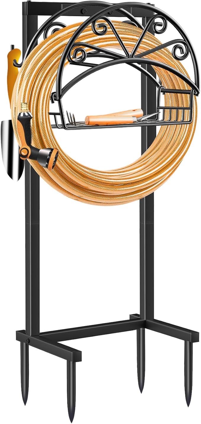 TomCare Garden Hose Holder Heavy Duty Water Hose Holder Holds 160 FT Hoses 4 Spikes Hose Reel Freestanding Hose Hanger Sturdy Hose Storage Stand for Outside Yard Lawn