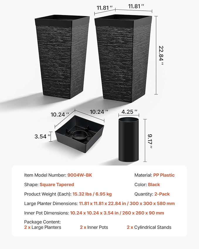 VEVOR Set of 2 Tall Planters for Outdoor Plants 23inch, Black Tall Planter for Indoor Plants, Modern Planters for Front Porch Patio Balcony, Plant Container Flower Pots with Built-in Drainage