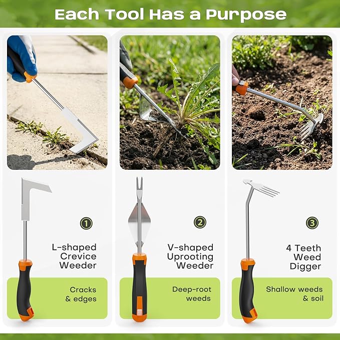 fishark Weed Puller Tool Set, 3 Pack Manual Weed Puller with Ergonomic Handle, Stainless Steel Crack Weeder and Uprooting Tool for Garden, Patio, Lawn, Driveway and Paving Stones