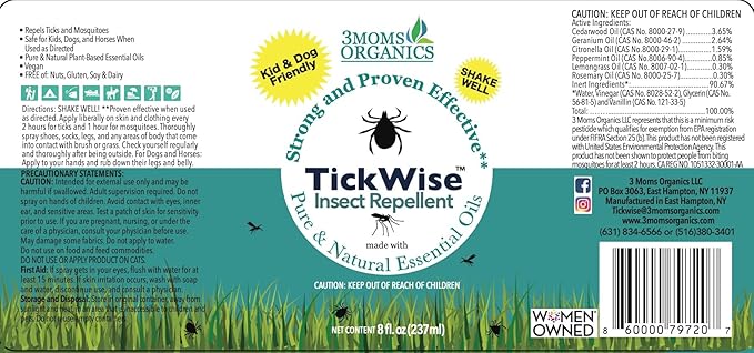 3 Moms Organics TickWise | DEET- Free, Tick and Insect Repellent | Plant Based Essential Oils and All Natural Ingredients | Safe for Kids, Adults, Dogs and HorsesTrio 8oz,4oz,2oz