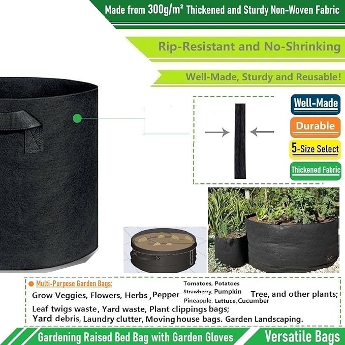 150 Gallon Big Raised Garden Bed Bag (44x24 inch) Large Plant Grow Bag for Potato,Tomato Planter,Herbs Veggies Planter,Flower Bed,Plant Container,Yard Waste,Lawn Debris,Leaf Bag with Gardening Gloves