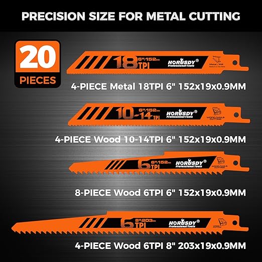 HORUSDY 20-Piece Reciprocating Saw Blades Set, 6 & 8 Inch Wood and Metal Cutting Blades with Storage Box, Multi-Size for Pruning, Wood, and Metal Cutting Tools