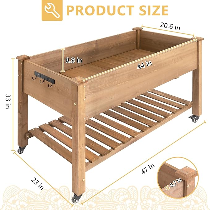 Raised Garden Bed with Wheel 48x24x30in, Elevated Wood Planter Box Can Grow Vegetables, Flowers and Herbs Suitable for Backyard, Patio, Balcony, Terrace, Veranda （Brown）