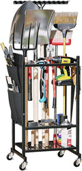 Garden Tool Organizer with Pockets, Rolling Yard Tool Storage Rack with 2 Hooks and Lockable wheels, Black